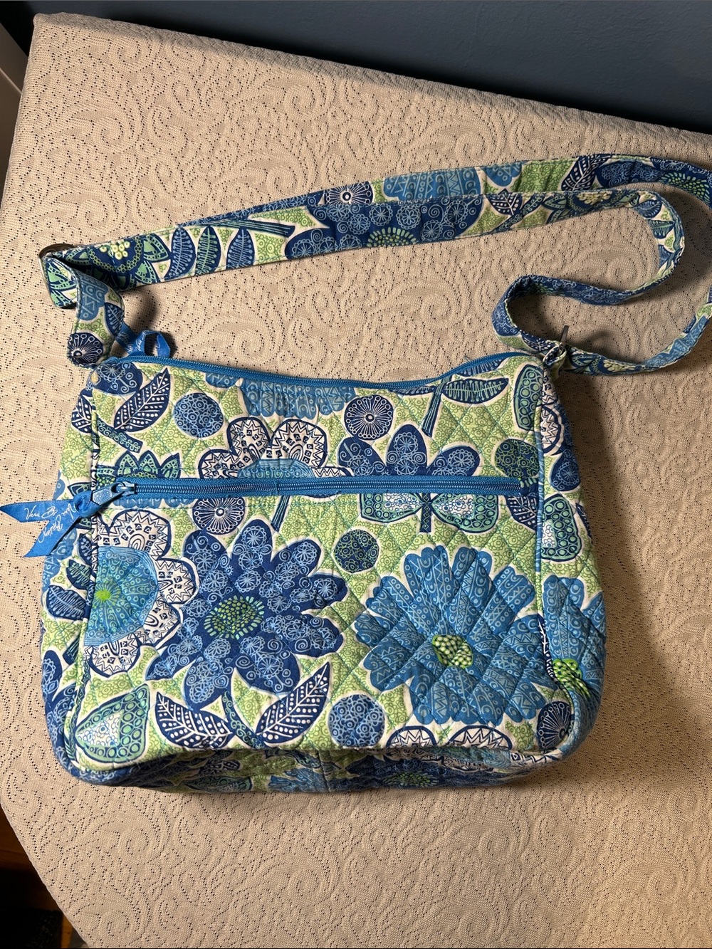 Very Bradley Quilted Blue & Green Floral Crossbody Bag